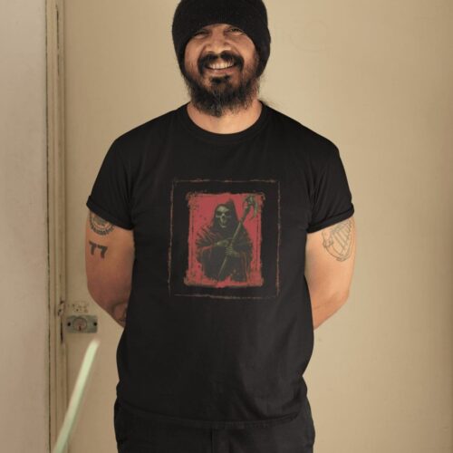 Black T-shirt featuring a gothic illustration of a Grim Reaper dressed as a medieval warrior