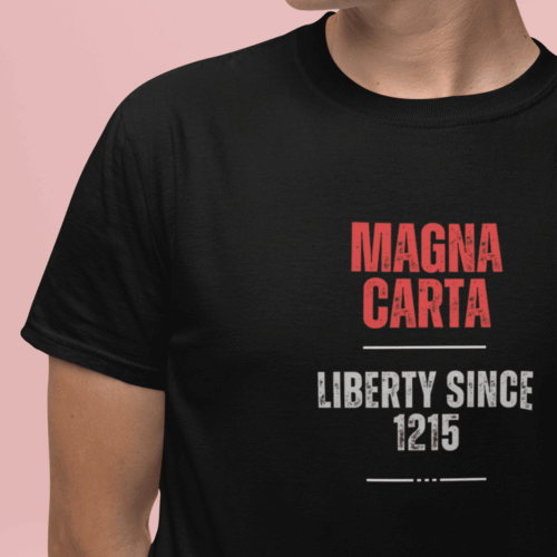 Wearing the Magna Carta T-Shirt: Liberty Since 1215, a person stands against a pink background, looking to the side.