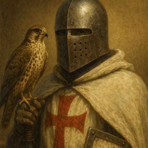 A medieval Templar knight in chainmail and a metal helmet holds a falcon on his gloved hand. He wears a white cape with a red cross, embodying the trials faced by the Templars, and looks forward, partially obscured by the helmet.
