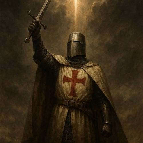 A medieval knight in full armor and a helmet, wearing a tunic with a red cross, raises a sword toward a beam of light shining down from the sky. The background is dark and dramatic.