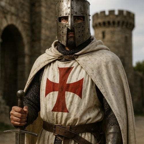 A medieval knight in chainmail and a steel helmet stands holding a sword, wearing a white cloak with a red cross. Stone walls and a round castle tower are in the background.