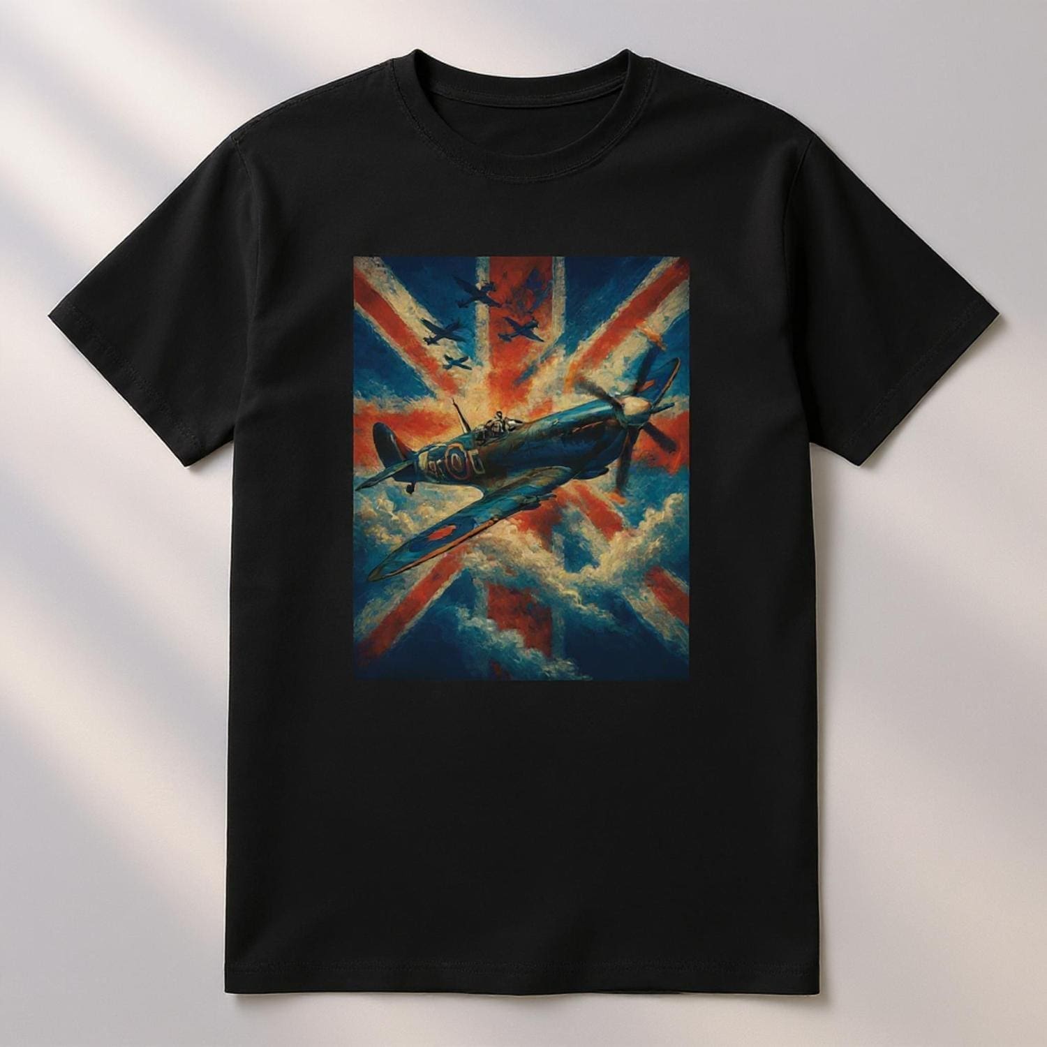 Heavyweight Unisex Crewneck T-shirt | Gildan® 5000 Black featuring WWII fighter plane art soaring before a Union Jack flag, with dramatic clouds and additional planes in the background.