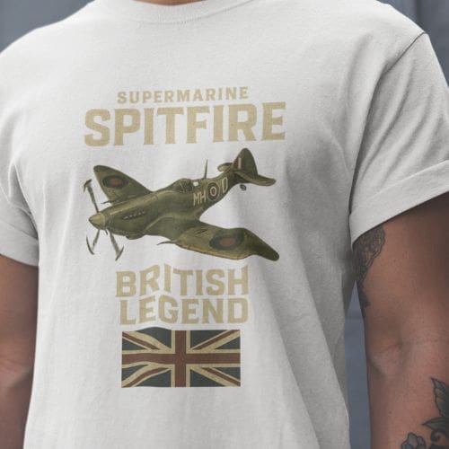 Someone wearing the Submarine Spitfire T-Shirt, which showcases a Spitfire plane illustration, the words Supermarine Spitfire British Legend, and a Union Jack flag underneath.