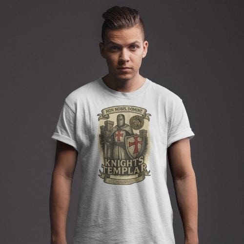 A man faces forward wearing the Templar Guardian T-Shirt - Knights Templar Edition, featuring a vintage design with two knights, shields, crosses, and the Latin phrase Non Nobis Domine above them. on a white t-shirt