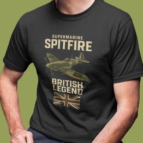 Someone wearing a Submarine Spitfire T-Shirt with a Supermarine Spitfire plane image, the text Supermarine Spitfire British Legend, and a faded Union Jack flag below.