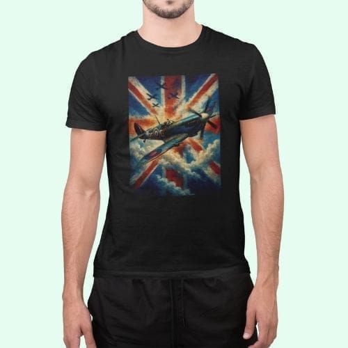 A man wears the Spitfire T-Shirt | Battle of Britain Union Jack TeeShirt, featuring WWII fighter plane artwork with clouds, a British flag background, and two smaller planes above. He stands against a plain light backdrop.