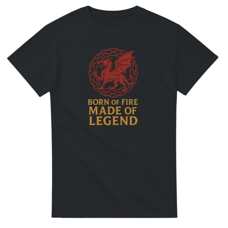 Heavyweight Unisex Crewneck T-shirt | Gildan® 5000, featuring a red dragon graphic and the text BORN OF FIRE MADE OF LEGEND.