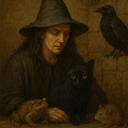 A witch with long dark brown hair, wearing a pointed hat and brown robes, sits in a dimly lit medieval room. She stirs a small wooden bowl while a black cat sits in her lap staring ahead. A toad rests on the table beside her, and a raven perches nearby. Candlelight casts a warm glow, creating a mysterious and magical atmosphere.