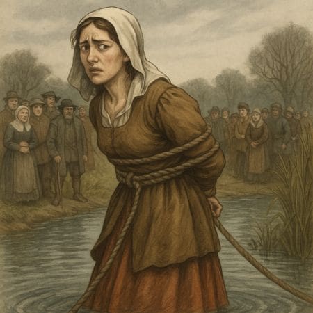 Illustration of a bound woman in medieval clothing standing at the edge of a pond, looking anxious, while a crowd of villagers watches solemnly from the bank, set against a misty rural landscape.