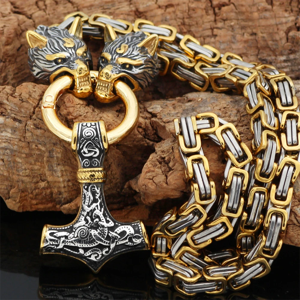Viking Wolf Heads Thor’s Hammer (Mjölnir) Necklace