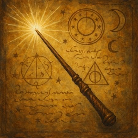 A traditional-style painting of a wooden magic wand glowing with golden light, placed over ancient parchment covered in mystical symbols, illustrating the origin of the magic wand.
