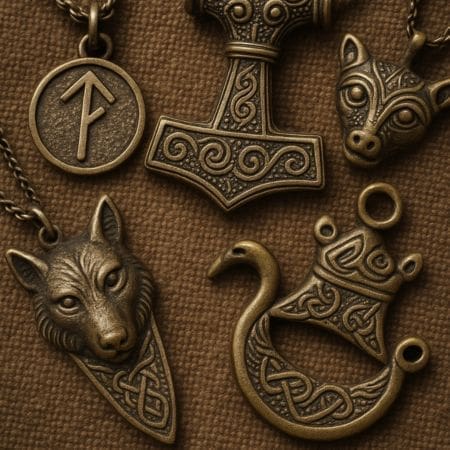 Five bronze Viking-style pendants on a textured brown surface, including Thor’s hammer, a wolf head, a fox head, runes, and a dragon ship—each piece of Viking jewellery adorned with intricate patterns inspired by ancient beliefs.
