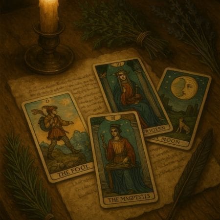Three tarot cards (The Fool, The High Priestess, and The Moon) are laid out on a handwritten letter beside a lit candle, with sprigs of herbs scattered across the wooden table, evoking the mystical atmosphere of medieval England.