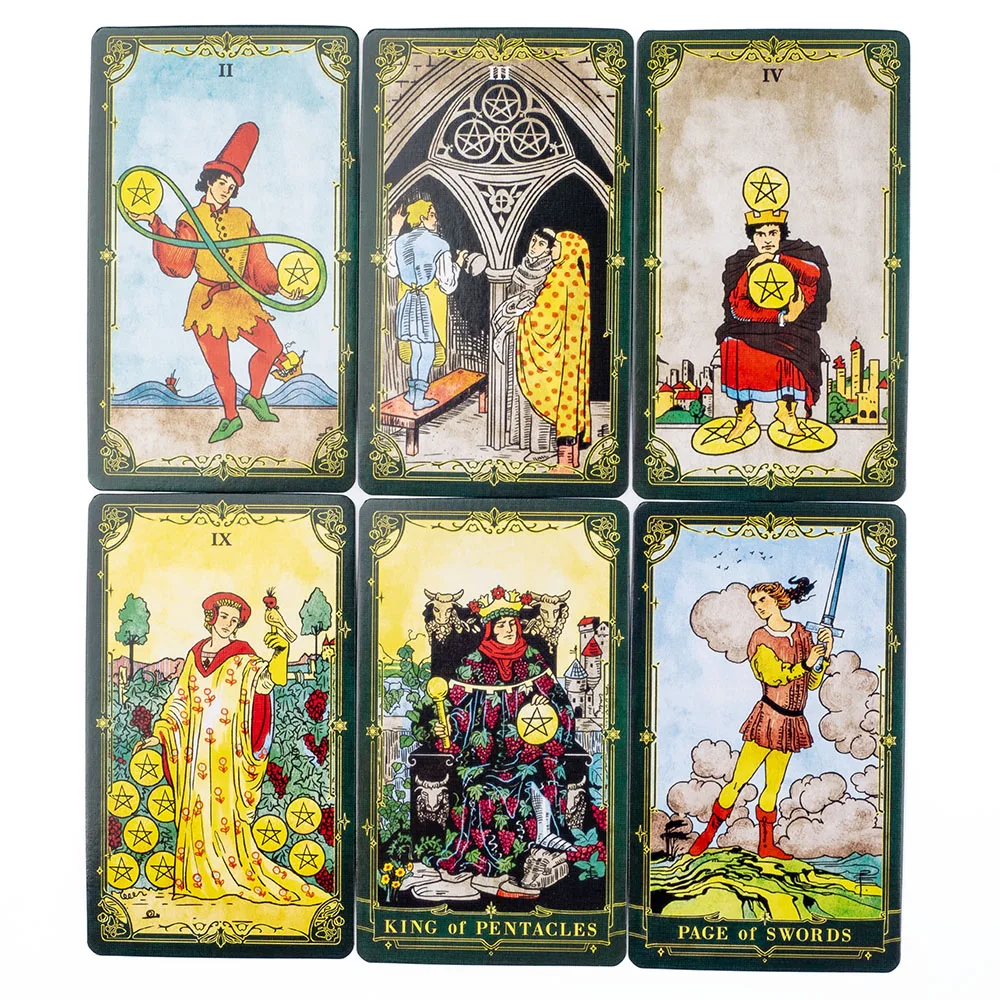 Six A.E. Classic Tarot cards including Pentacles and Page of Swords, Rider Waite style fortune telling deck with gold edging.