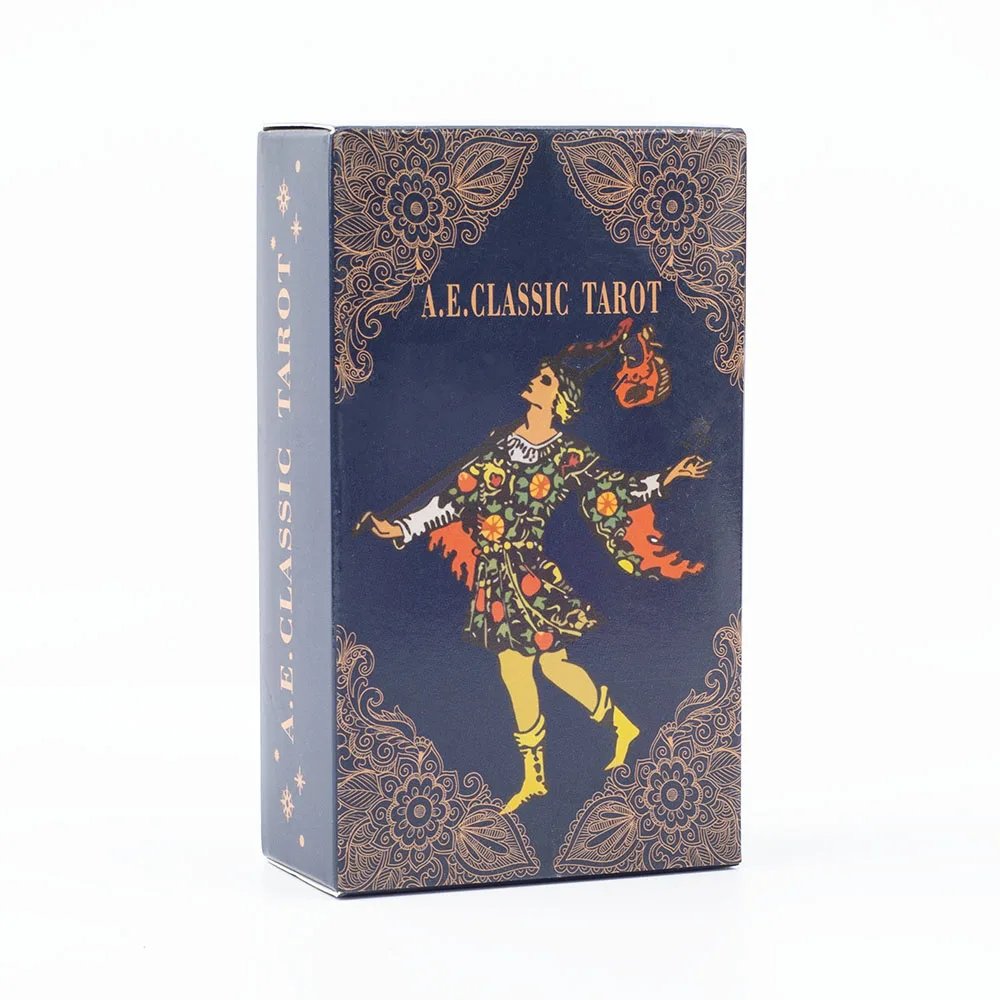 A.E. Classic Tarot deck with The Fool card displayed beside decorative tarot box, 78-card Rider Waite divination set.