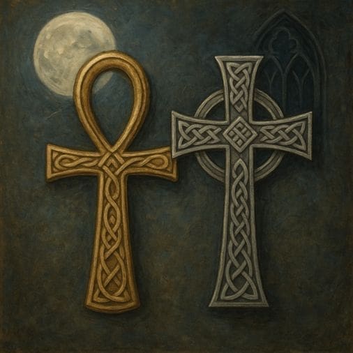 Medieval-inspired painting of a golden ankh and a silver Celtic cross side by side, set against a gothic stone background under moonlight, with intricate knotwork detailing.