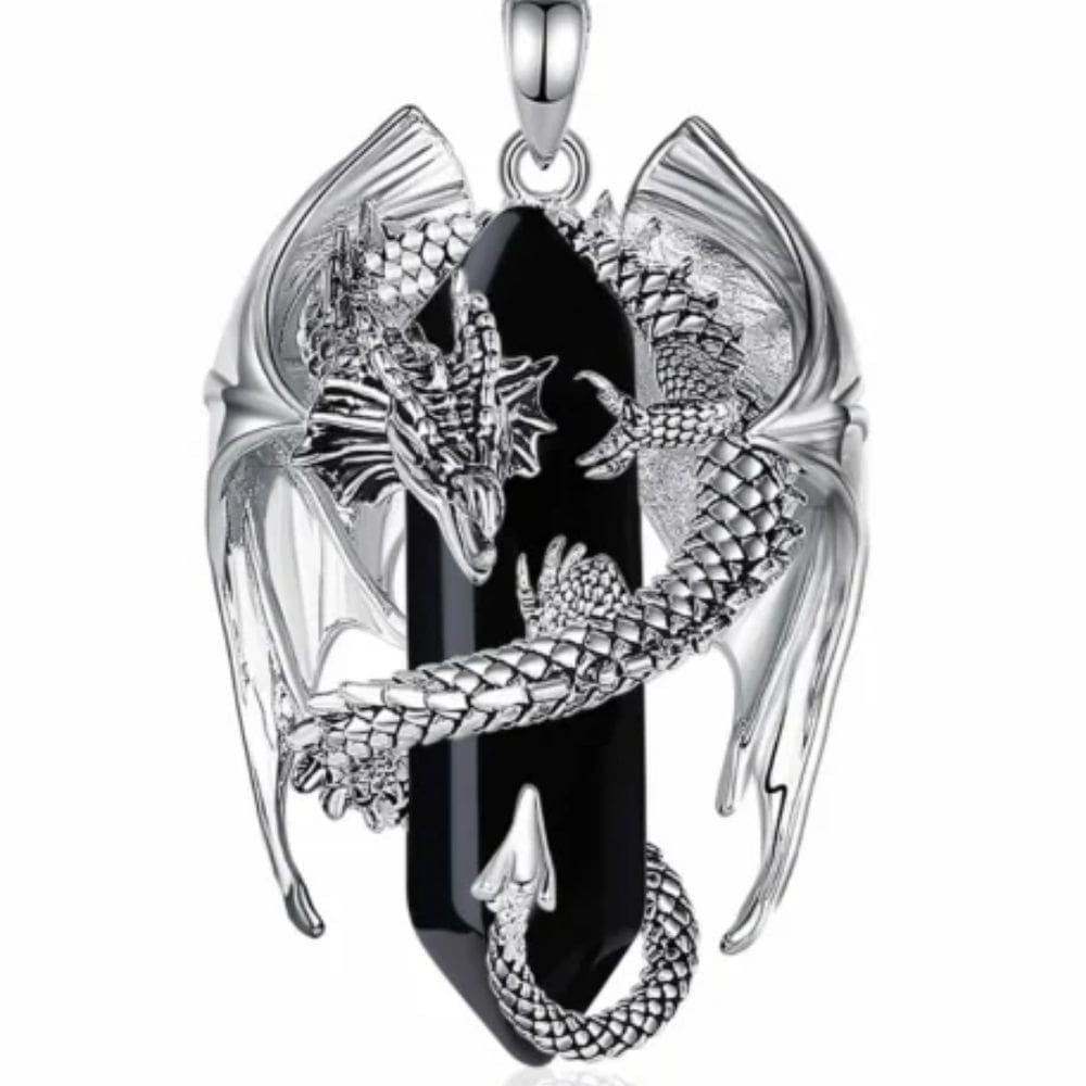 the Dragon Wrapped Obsidian Pendant. Silver-plated dragon coils around natural obsidian