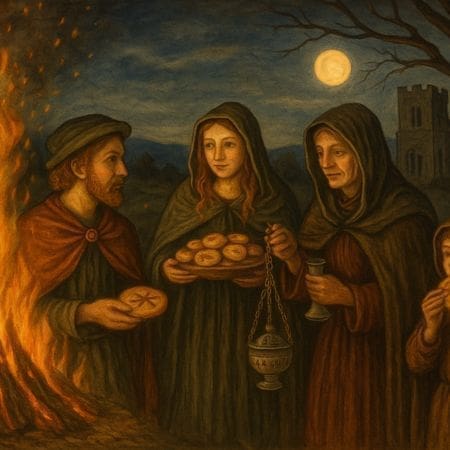 Four people in medieval clothing stand by a bonfire at night under a full moon, celebrating the Festivals of the Dead. One holds pastries on a tray, another a goblet, and another incense. A church and leafless tree loom in the background.