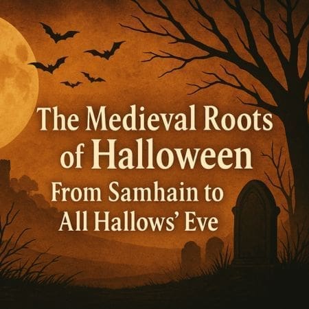 Silhouettes of bats, a tree, a gravestone, and a large moon create a spooky scene. Text reads: Discover the Mediaeval Roots of Hallowe’en—unveiling the journey from Samhain to All Hallows’ Eve.