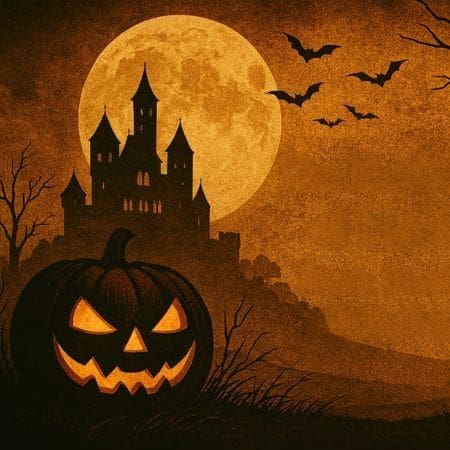 A sepia-toned Halloween scene with a glowing full moon behind a medieval castle, silhouetted bats flying across the sky, a large carved pumpkin glowing in the foreground, bare trees, and gravestones creating a spooky atmosphere.