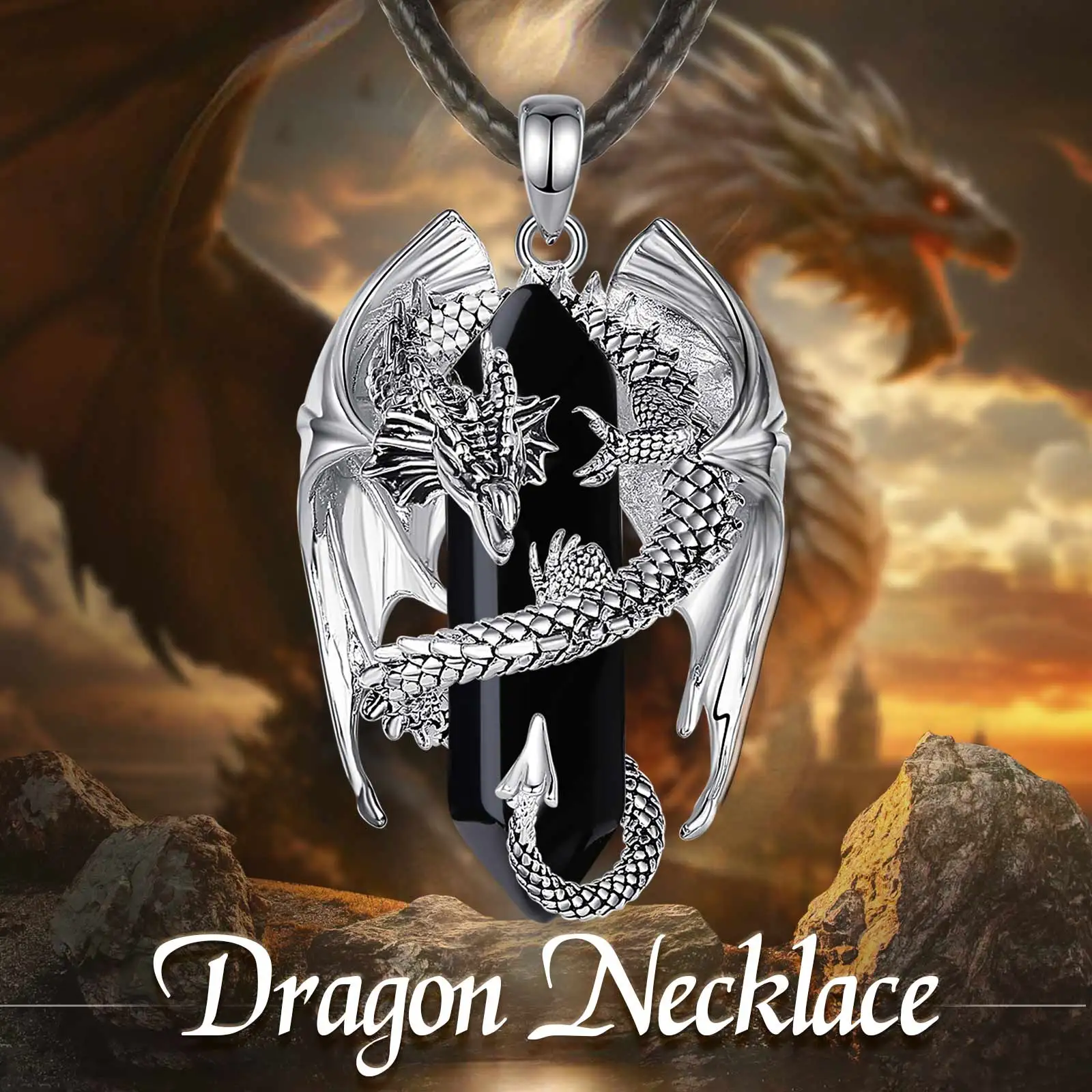 Dragon Obsidian Pendant | Silver-Plated Dragon Necklace - Image 5