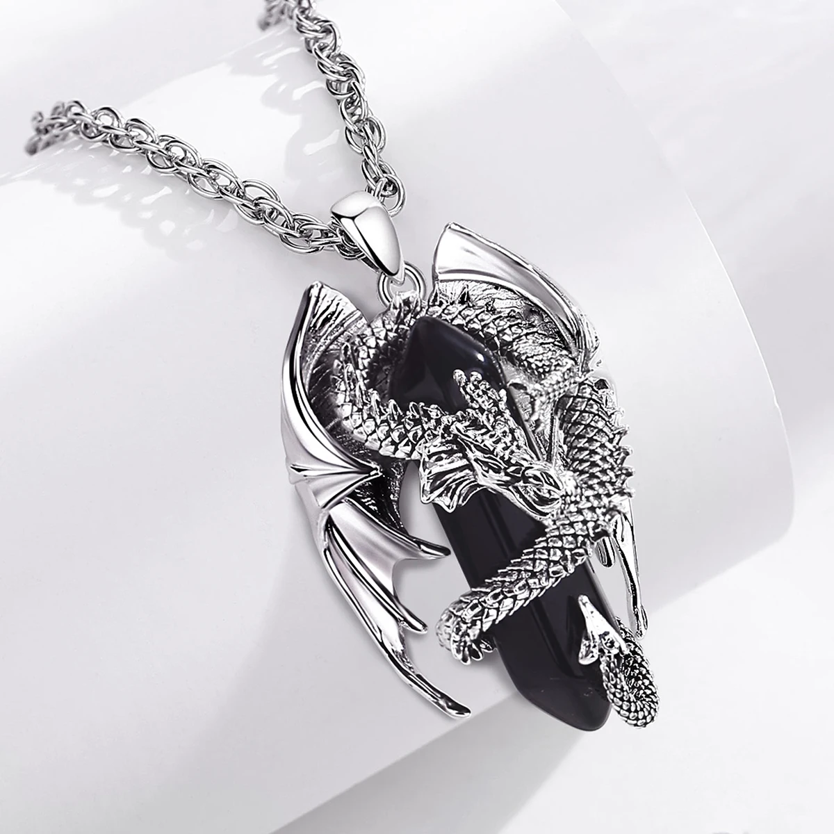 Dragon Obsidian Pendant | Silver-Plated Dragon Necklace - Image 3
