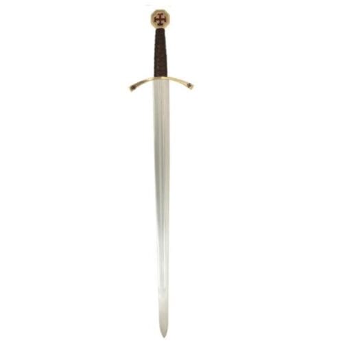 The Knights Templar Sword – Medieval Replica features a double-edged steel blade, a gold crossguard, a brown wrapped handle, and a round pommel adorned with a red cross.